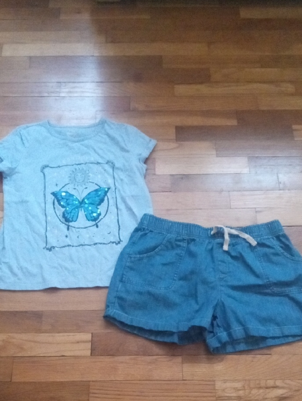 Light Blue Butterfly Graphic Tee and Denim Shorts Set girl XL